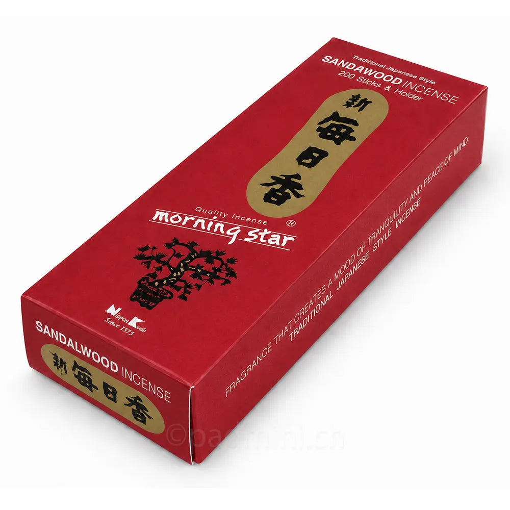 Nippon Kodo Morning Star Sandalwood Räucherstäbchen in der 200-Stück-Packung mit warmem Sandelholzduft.
