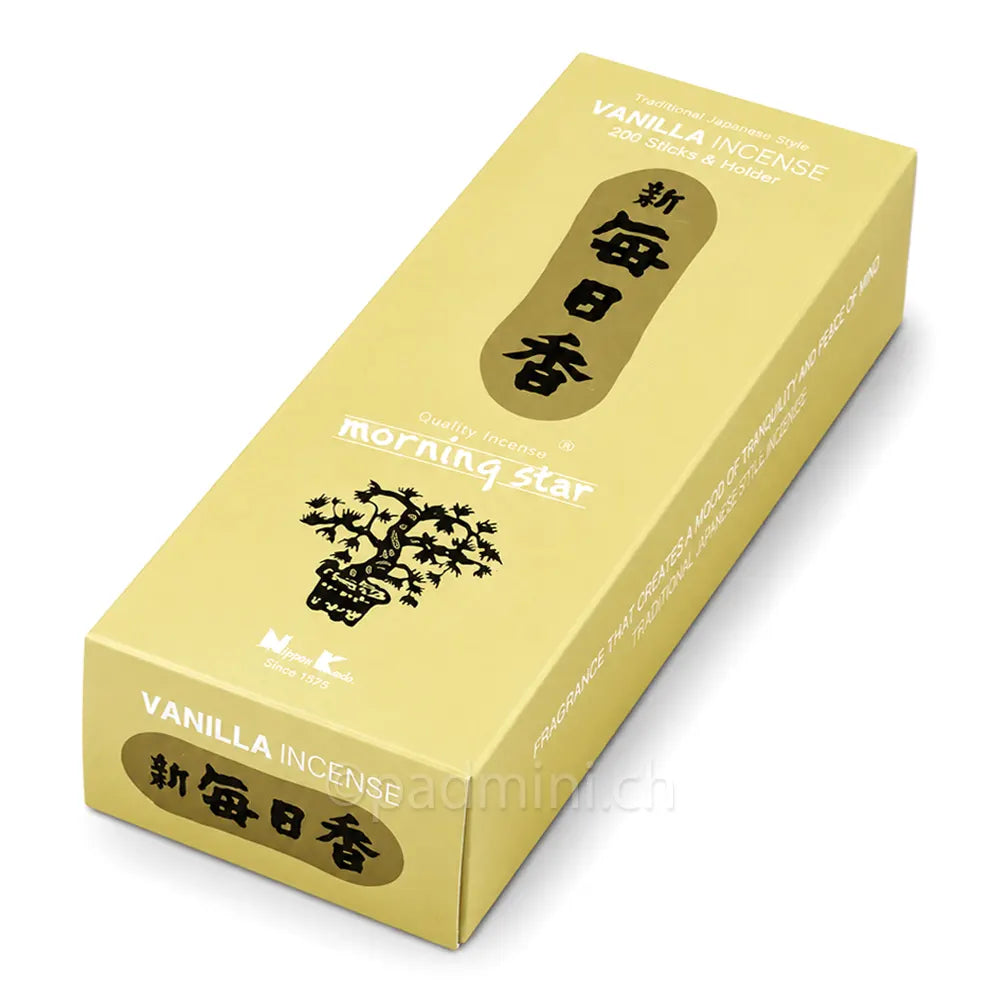 Nippon Kodo Morning Star Vanilla Räucherstäbchen in der 200-Stück-Packung mit süssem Vanilleduft.