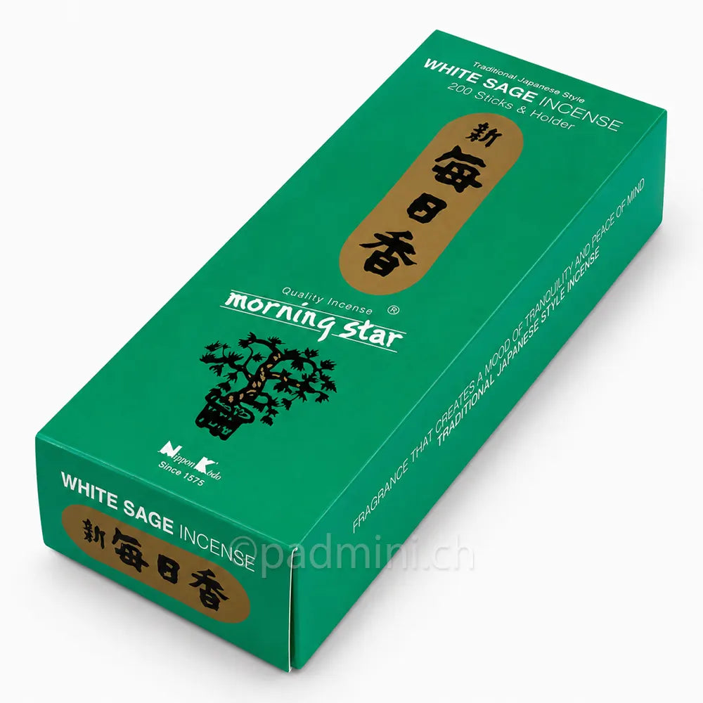 Nippon Kodo Morning Star White Sage Räucherstäbchen in der 200-Stück-Packung mit weissem Salbeiduft.