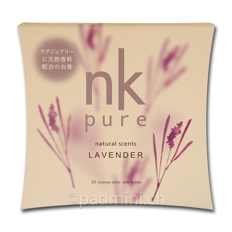 Nippon Kodo NK Pure Lavender – beigefarbene Originalverpackung japanischer Räucherstäbchen mit violetten Lavendelzweigen, 20 Stäbchen und Halter