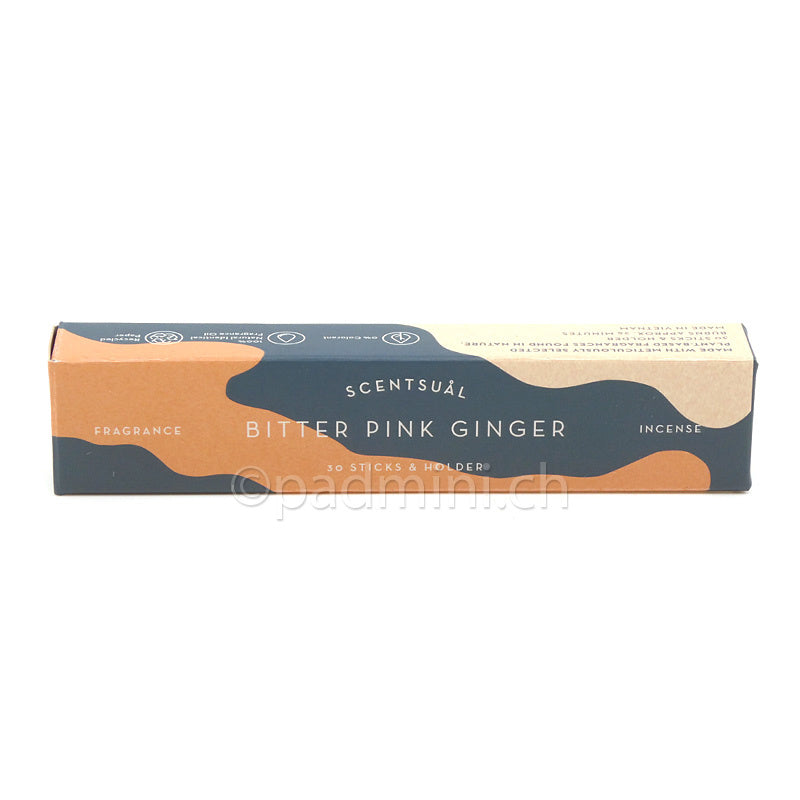 Nippon Kodo Scentsual Bitter Pink Ginger japanische Räucherstäbchen in der Originalverpackung mit 30 Stäbchen und Räucherstäbchenhalter.