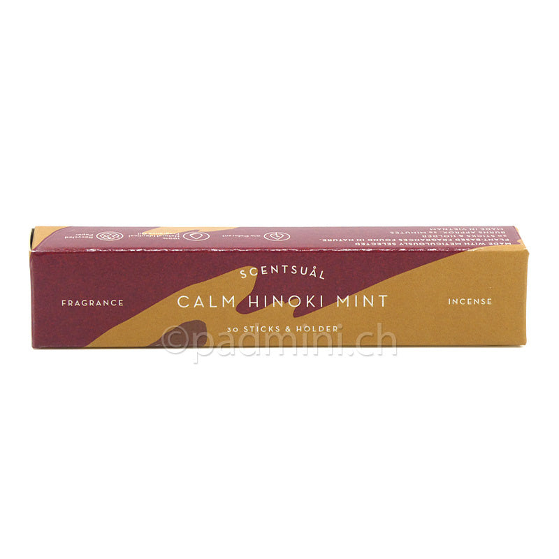 Nippon Kodo Scentsual Calm Hinoki Mint japanische Räucherstäbchen in der Originalverpackung mit 30 Stäbchen und Räucherstäbchenhalter.