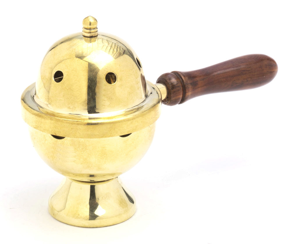 Räucherpfanne aus Messing mit gelochtem Deckel und Holzgriff