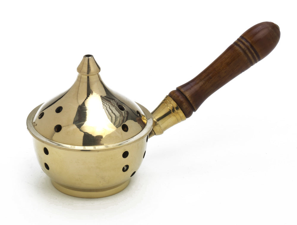 Räucherpfanne aus Messing mit gelochtem Deckel und Holzgriff