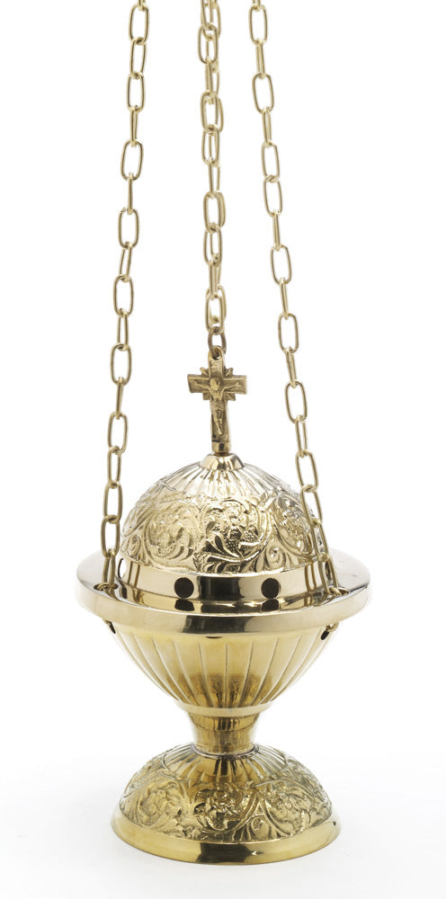 Kirchenrauchfass aus Messing mit Ketten und verziertem Deckel mit Kreuz