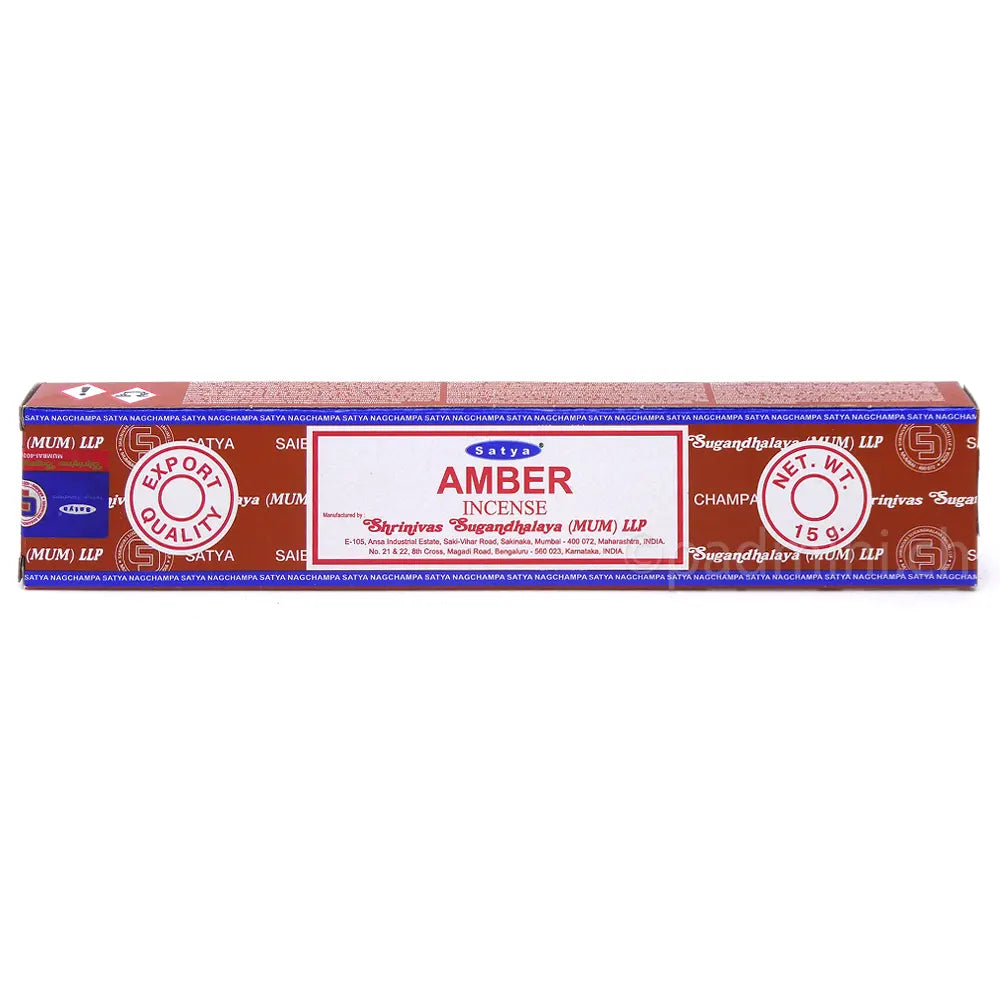 Satya Amber MUM Räucherstäbchen 15 g in orangebrauner Verpackung mit Amber-Schriftzug, Einzelpackung und Displaykarton