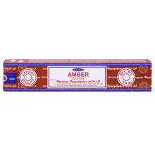 Satya Amber MUM Räucherstäbchen 15 g in orangebrauner Verpackung mit Amber-Schriftzug, Einzelpackung und Displaykarton