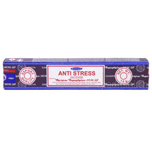 Satya Anti-Stress MUM Räucherstäbchen 15 g in violetter Verpackung mit rot-weisser Beschriftung, Einzelpackung und Displaykarton