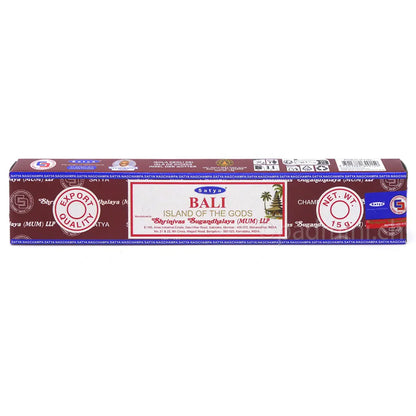 Satya Bali Island of the Gods MUM Räucherstäbchen 15 g in rotbrauner Verpackung mit Palmenmotiv, Einzelpackung und Displaykarton