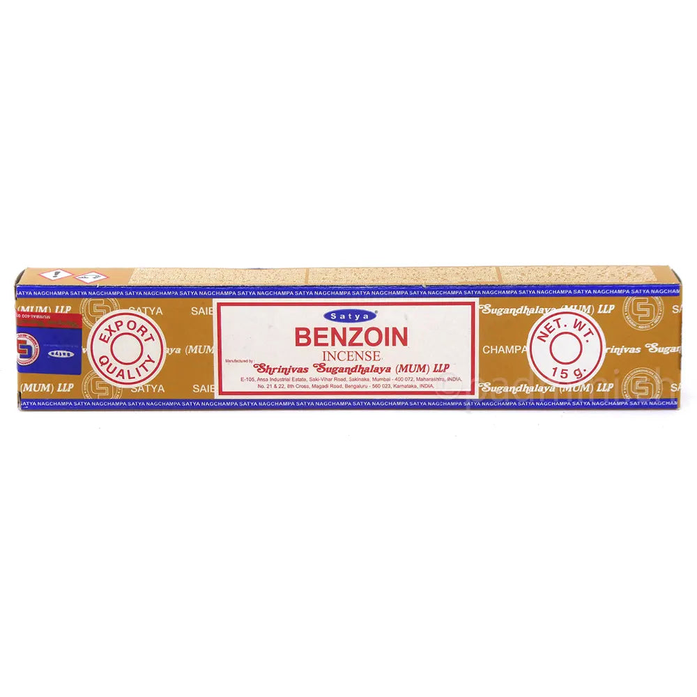 Satya Benzoin MUM Räucherstäbchen 15 g in goldbrauner Verpackung mit rotem Benzoin-Schriftzug, Einzelpackung und Displaykarton