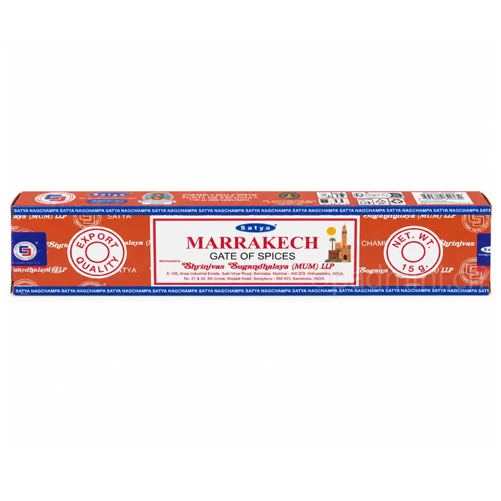 Satya Marrakech Gate of Spices MUM Räucherstäbchen 15 g in orangefarbener Verpackung mit orientalischem Stadtmotiv, Einzelpackung und Displaykarton