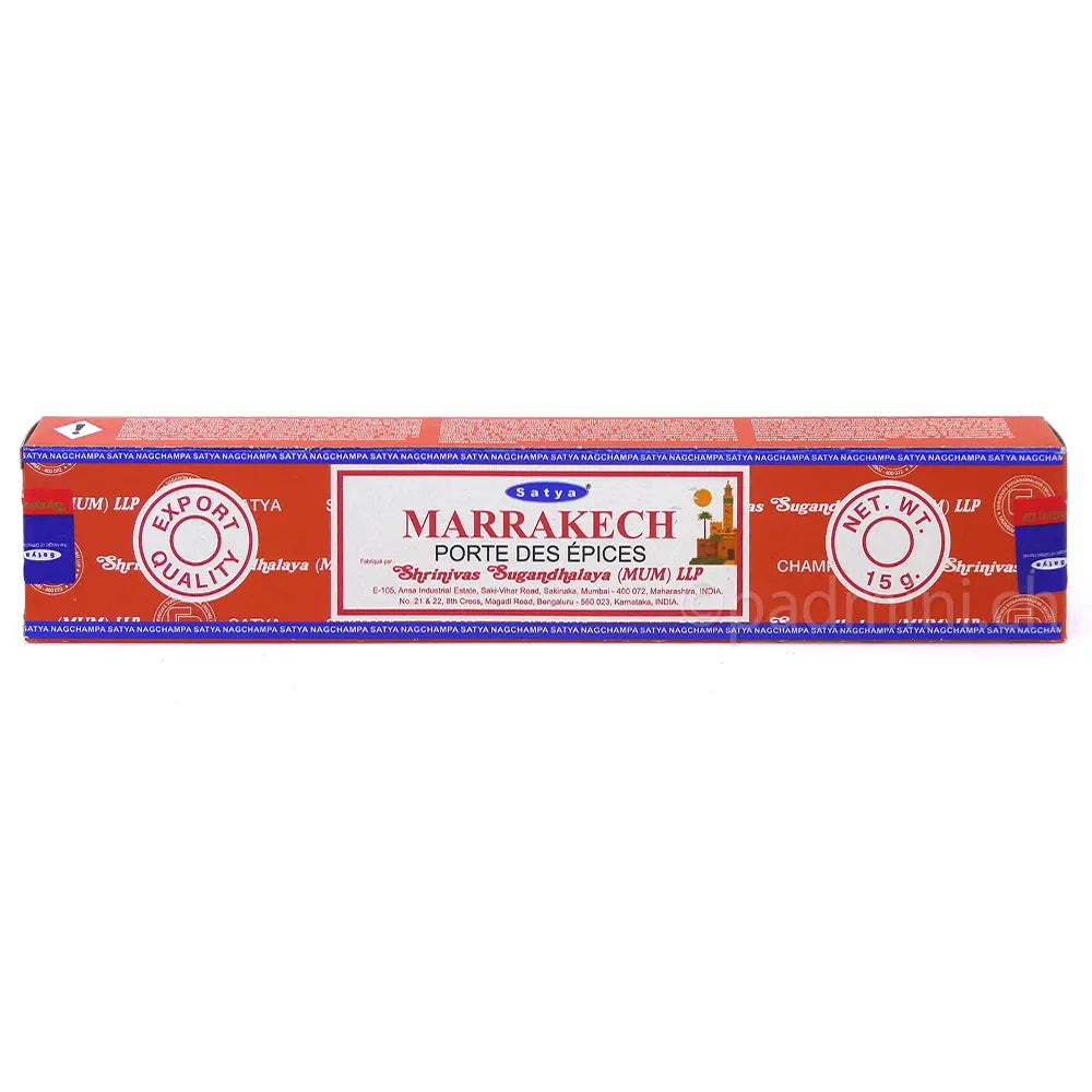 Satya Marrakech Räucherstäbchen von Shrinivas Sugandhalaya (MUM) LLP in der 15-g-Originalverpackung.