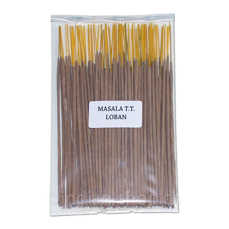 100 g Satya Masala T.T. Loban Räucherstäbchen von Shrinivas Sugandhalaya in transparenter Verpackung mit Produktetikette.
