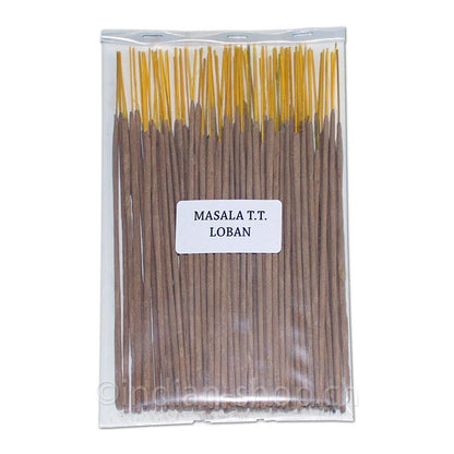 100 g Satya Masala T.T. Loban Räucherstäbchen von Shrinivas Sugandhalaya in transparenter Verpackung mit Produktetikette.