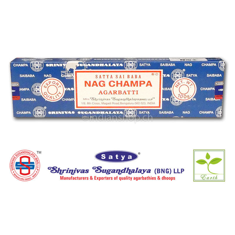 Satya Sai Baba Nag Champa BNG Räucherstäbchen in der blauen 100-g-Packung