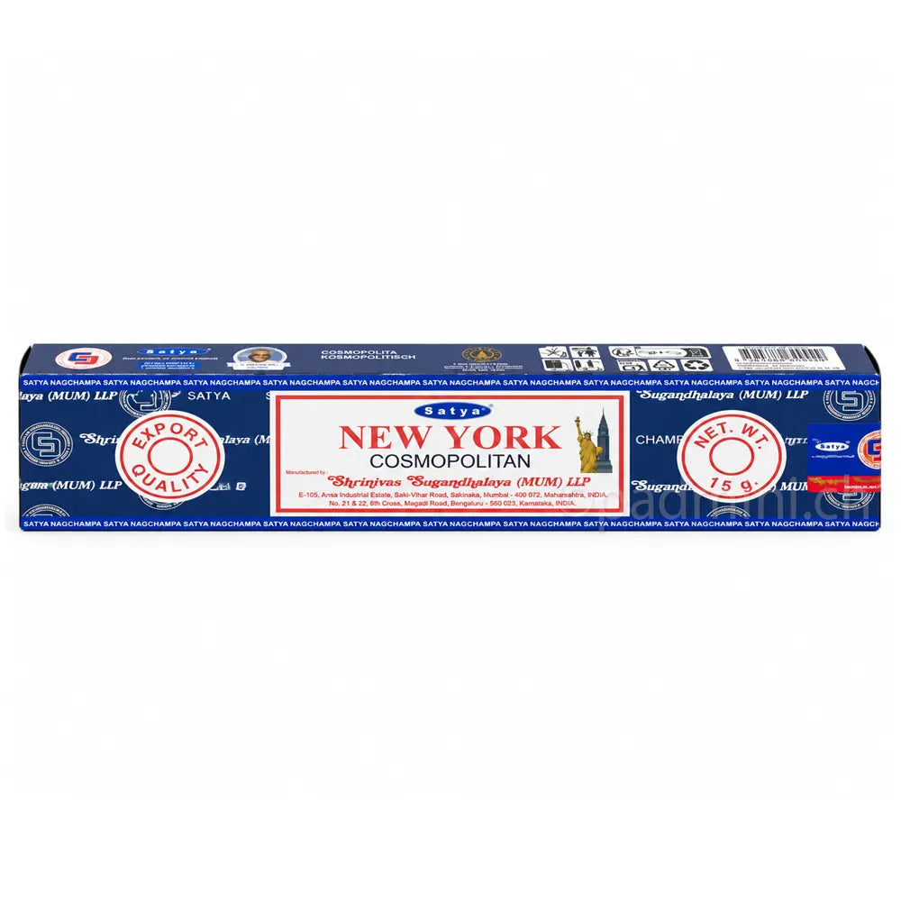 Satya New York Cosmopolitan MUM Räucherstäbchen 15 g in dunkelblauer Verpackung mit New-York-Motiv, Einzelpackung und Displaykarton