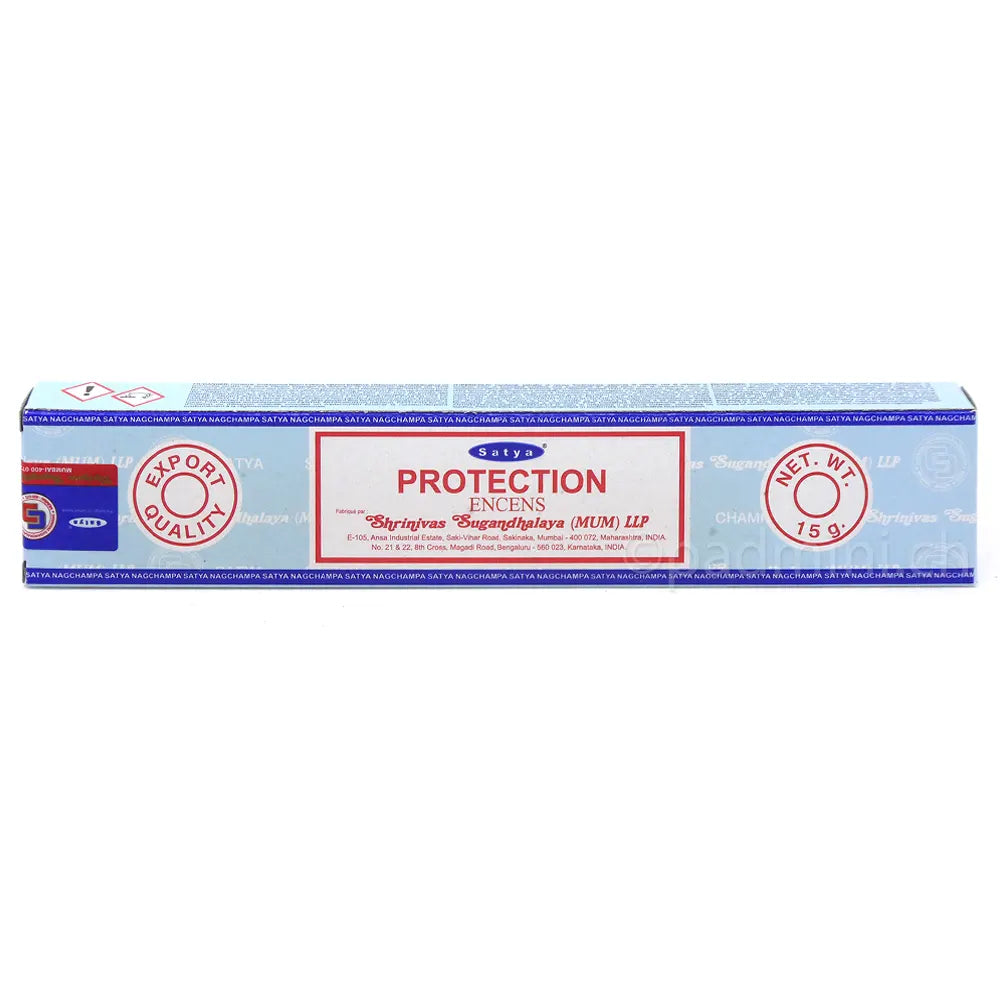 Satya Protection MUM Räucherstäbchen 15 g in hellblauer Verpackung mit rotem Protection-Schriftzug, Einzelpackung und Displaykarton
