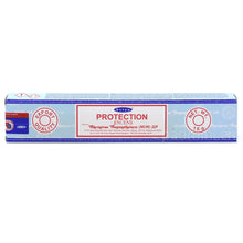Satya Protection MUM Räucherstäbchen 15 g in hellblauer Verpackung mit rotem Protection-Schriftzug, Einzelpackung und Displaykarton