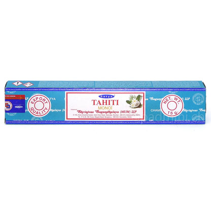 Satya Tahiti Monoï MUM Räucherstäbchen 15 g in türkisblauer Verpackung mit tropischem Blütenmotiv, Einzelpackung und Displaykarton