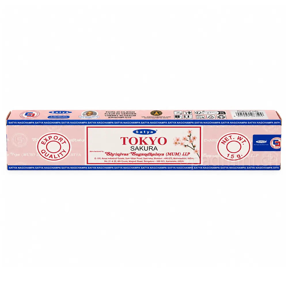 Satya Tokyo Sakura MUM Räucherstäbchen 15 g in rosafarbener Verpackung mit japanischem Kirschblütenmotiv, Einzelpackung und Displaykarton