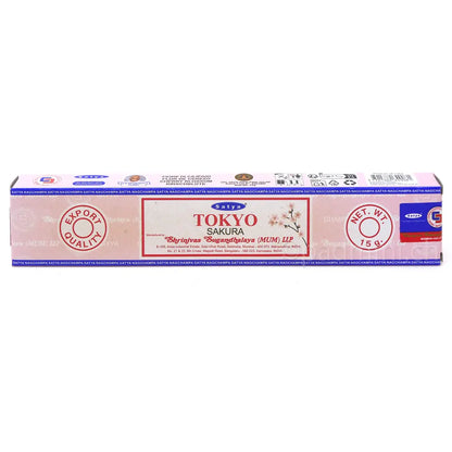 Satya Tokyo Sakura MUM Räucherstäbchen 15 g in rosafarbener Verpackung mit japanischem Kirschblütenmotiv, Einzelpackung und Displaykarton