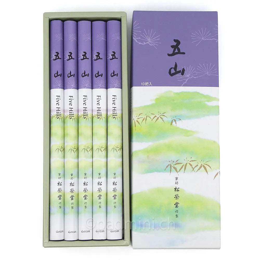 Shoyeido Gozan Five Hills japanische Räucherstäbchen in violetter Originalschachtel mit 10 Rollen, Verkauf einzeln