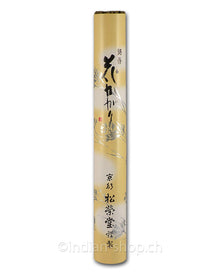 Shoyeido Hana-Kagari Spring Blossoms Räucherstäbchen in gelber Papierrolle mit Pflanzenmotiven