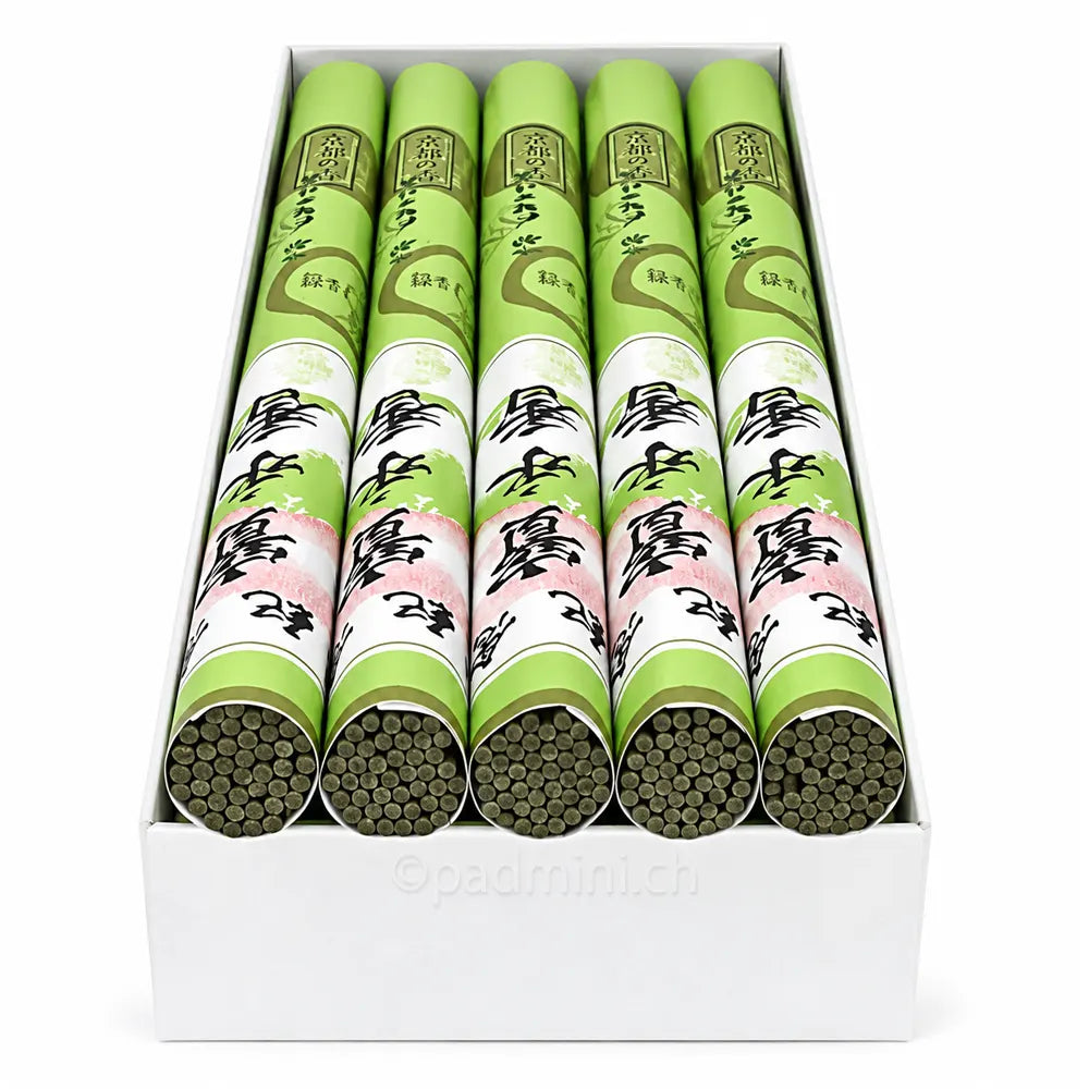 Detailansicht der graugrünen Shoyeido Hooyei-Koh Räucherstäbchen in der japanischen Originalverpackung.