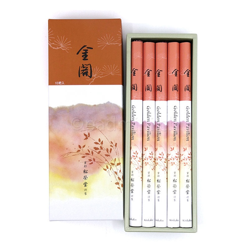 Shoyeido Kinkaku japanische Räucherstäbchen – geöffnete Originalschachtel mit rotbraunen Rollen, Verkauf einzeln