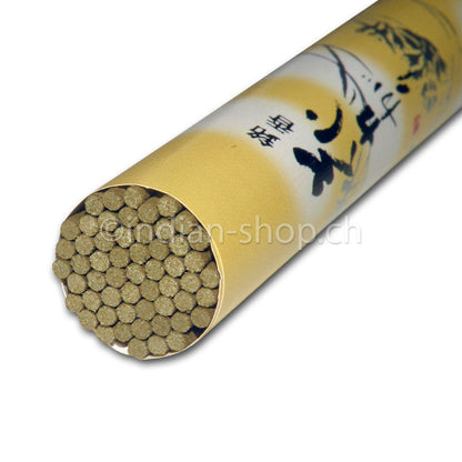 Hana-Kagari Spring Blossoms Räucherstäbchen von Shoyeido in gelber Papierrolle mit Pflanzenmotiven