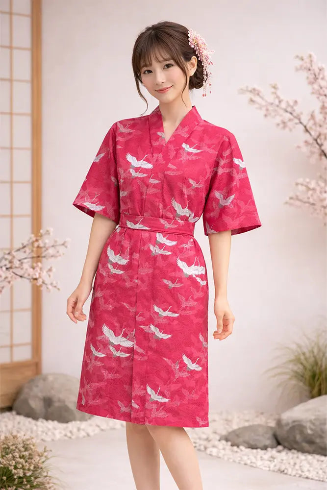 Yukata Court Rouge Motifs Grues